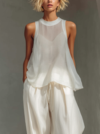 Solstice Sheer Tank & Harem Trouser Set  Ivory Linen Two-Piece Lounge set
