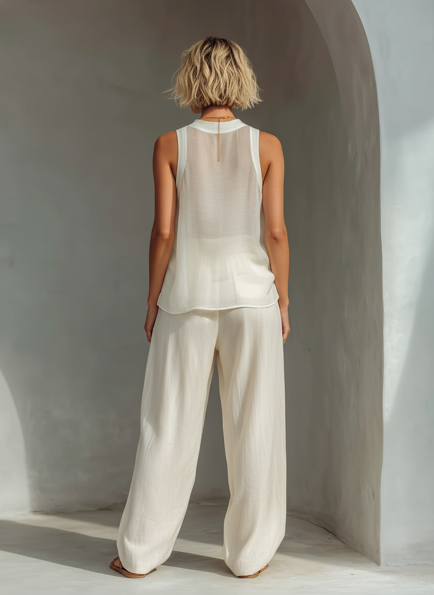 Solstice Sheer Tank & Harem Trouser Set  Ivory Linen Two-Piece Lounge set