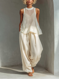 Women’s Cream Chiffon & Linen Blend Two-Piece Set – Sleeveless Top & Wide Leg Trousers Relaxed Summer Outfit
