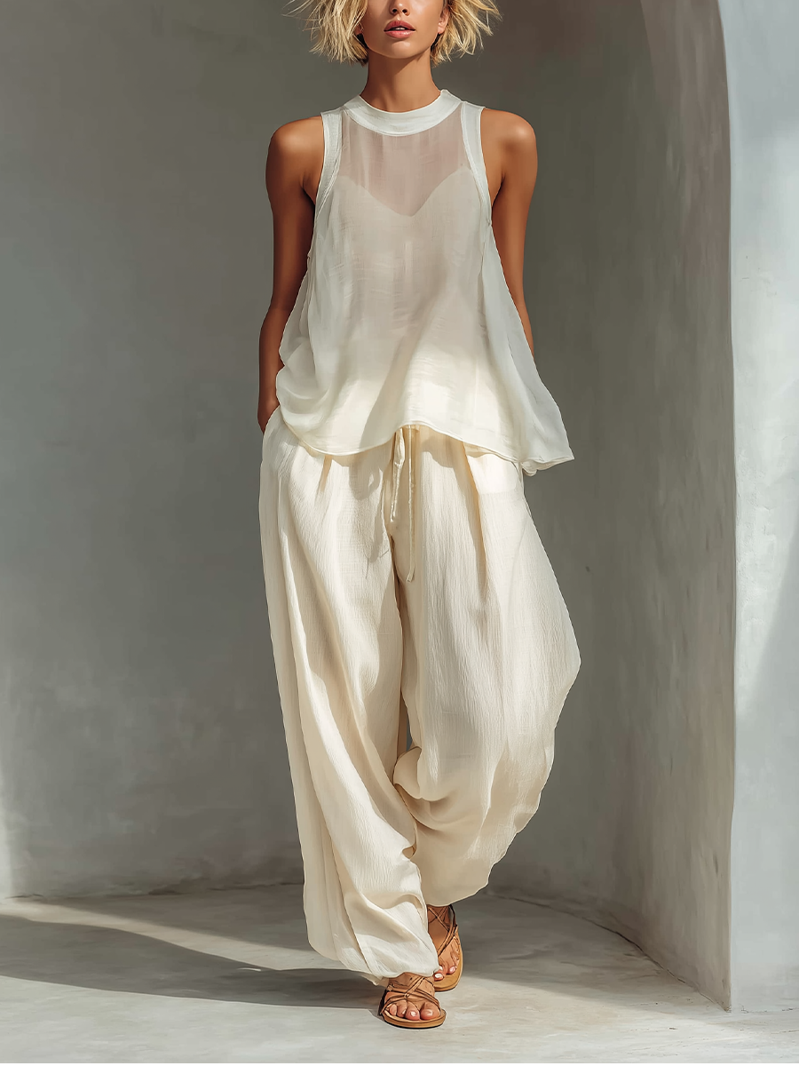 Women’s Cream Chiffon & Linen Blend Two-Piece Set – Sleeveless Top & Wide Leg Trousers Relaxed Summer Outfit