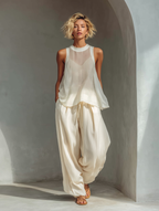 Women’s Cream Chiffon & Linen Blend Two-Piece Set – Sleeveless Top & Wide Leg Trousers Relaxed Summer Outfit