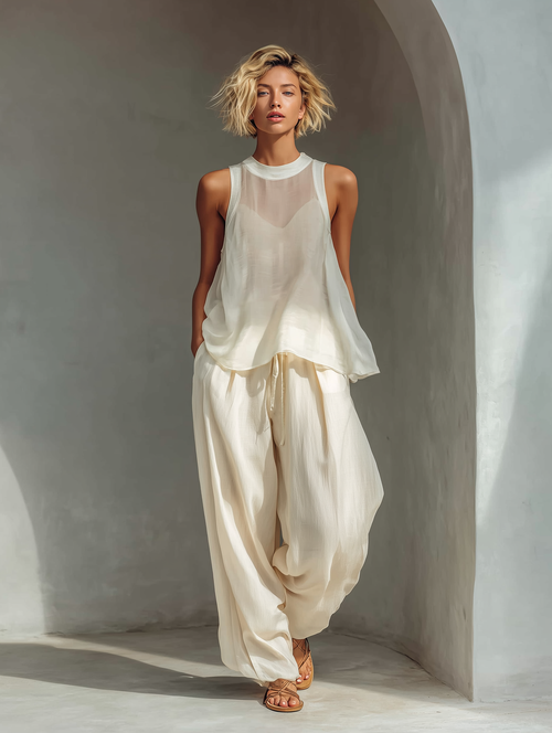 Cream Chiffon Two Piece Set, Sleeveless Top & Wide Leg Pants