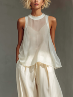 Women’s Cream Chiffon & Linen Blend Two-Piece Set – Sleeveless Top & Wide Leg Trousers Relaxed Summer Outfit