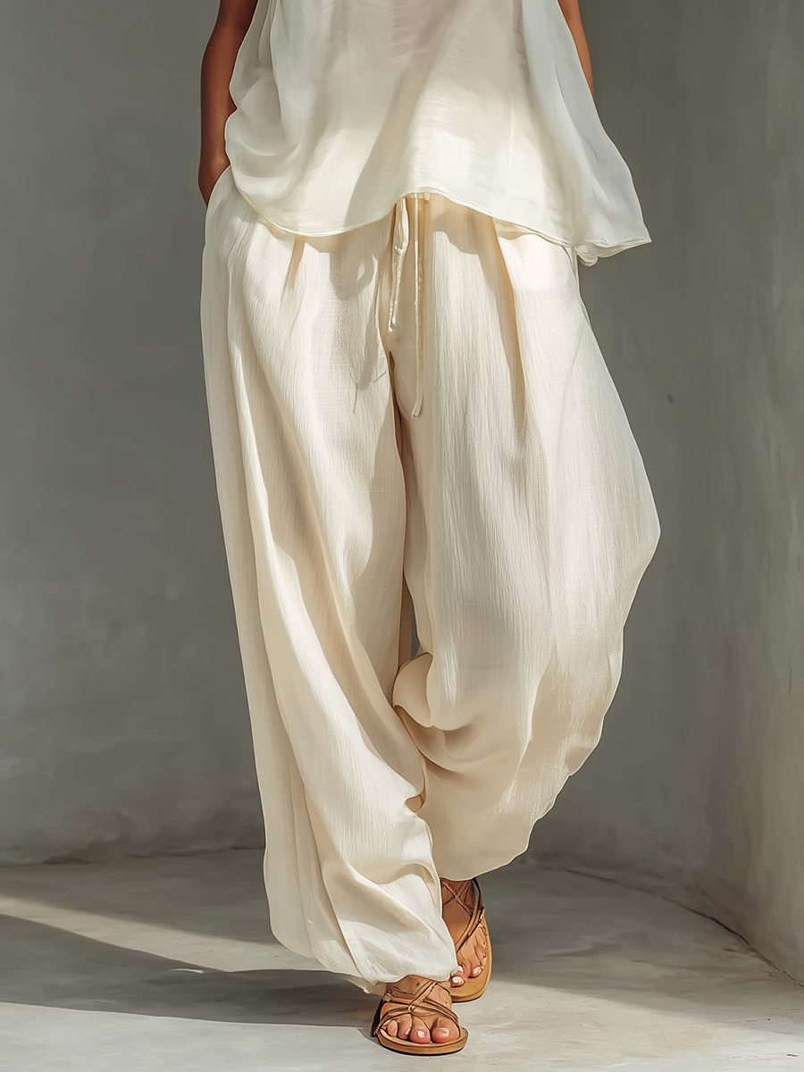 Women’s Cream Chiffon & Linen Blend Two-Piece Set – Sleeveless Top & Wide Leg Trousers Relaxed Summer Outfit