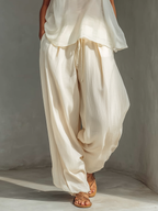 Women’s Cream Chiffon & Linen Blend Two-Piece Set – Sleeveless Top & Wide Leg Trousers Relaxed Summer Outfit