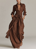 Women’s Brown Cotton Linen Jumpsuit – Long Sleeve Shirt Collar Belted One-Piece Casual Elegant Outfit
