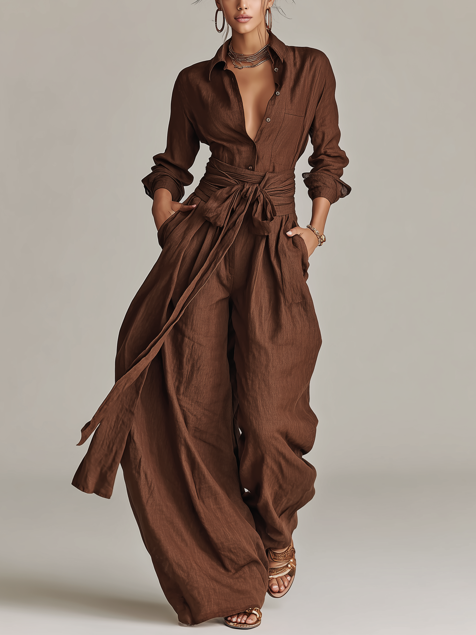 Women’s Brown Cotton Linen Jumpsuit – Long Sleeve Shirt Collar Belted One-Piece Casual Elegant Outfit