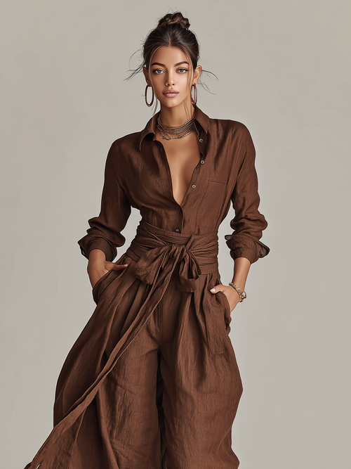Brown Cotton Linen Belted Long Sleeve Jumpsuit