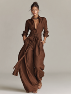 Women’s Brown Cotton Linen Jumpsuit – Long Sleeve Shirt Collar Belted One-Piece Casual Elegant Outfit