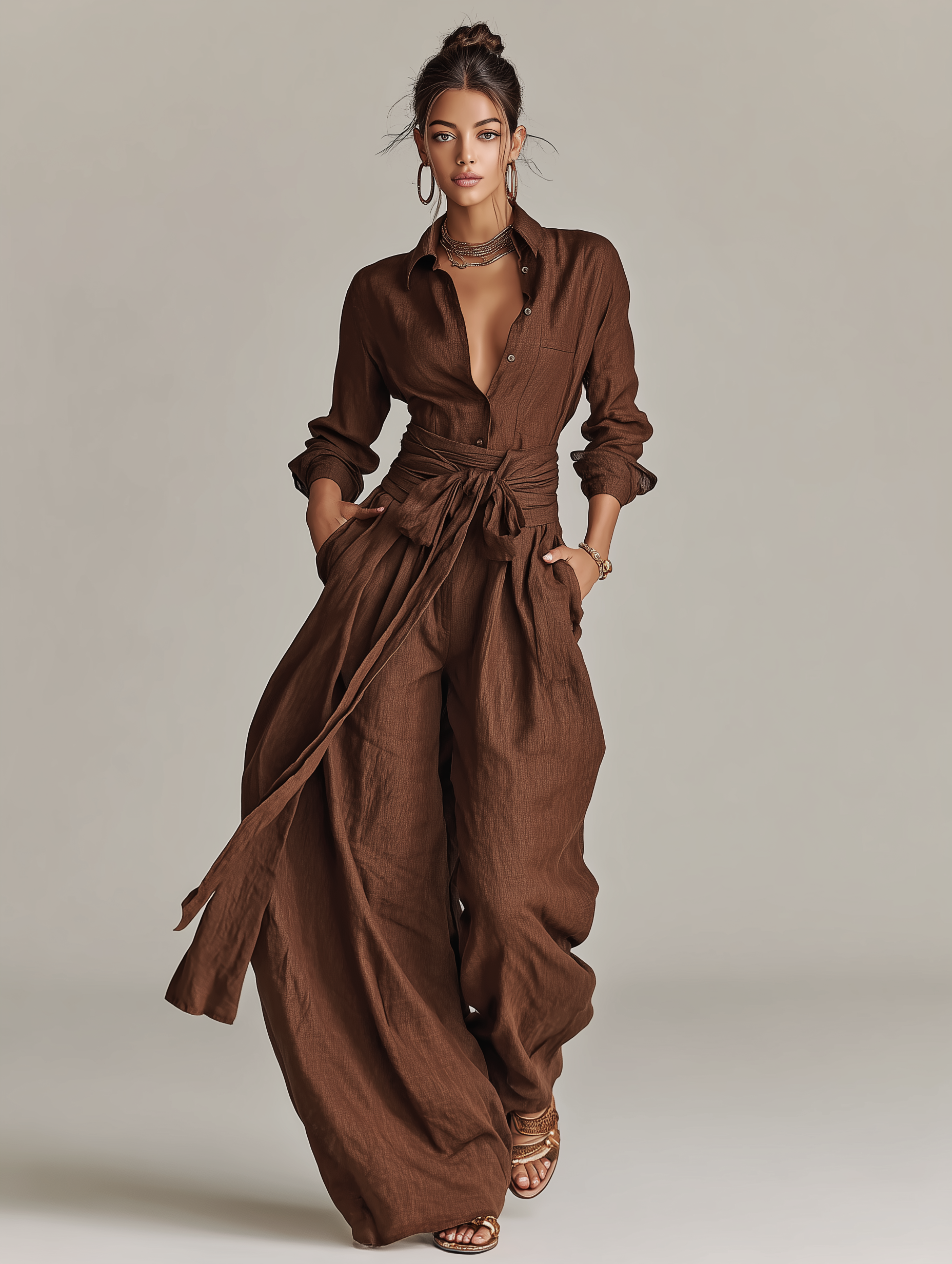 Women’s Brown Cotton Linen Jumpsuit – Long Sleeve Shirt Collar Belted One-Piece Casual Elegant Outfit