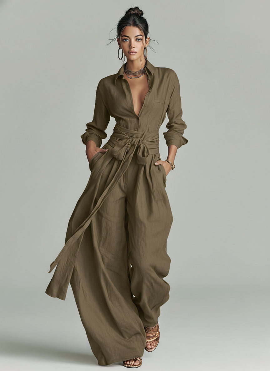 Women’s Brown Cotton Linen Jumpsuit – Long Sleeve Shirt Collar Belted One-Piece Casual Elegant Outfit