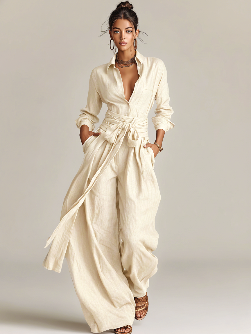 Women’s Brown Cotton Linen Jumpsuit – Long Sleeve Shirt Collar Belted One-Piece Casual Elegant Outfit