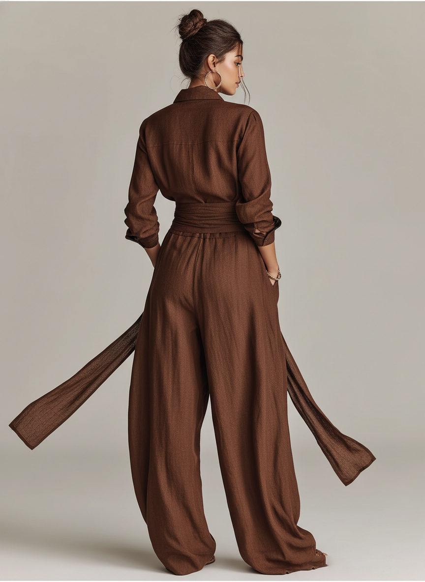 Women’s Brown Cotton Linen Jumpsuit – Long Sleeve Shirt Collar Belted One-Piece Casual Elegant Outfit