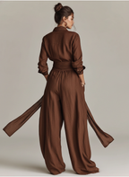 Women’s Brown Cotton Linen Jumpsuit – Long Sleeve Shirt Collar Belted One-Piece Casual Elegant Outfit