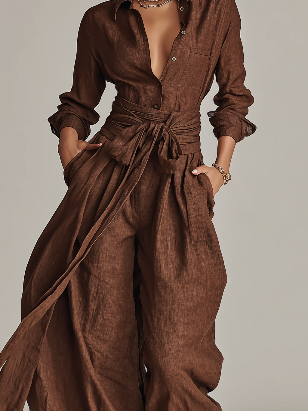 Women’s Brown Cotton Linen Jumpsuit – Long Sleeve Shirt Collar Belted One-Piece Casual Elegant Outfit