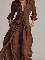 Women’s Brown Cotton Linen Jumpsuit – Long Sleeve Shirt Collar Belted One-Piece Casual Elegant Outfit