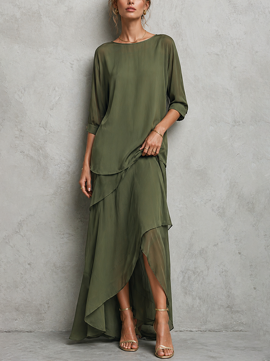 Women’s Elegant Olive Green Chiffon Two-Piece Set – Crew Neck Elbow Sleeve Top & Asymmetric Maxi Skirt Set
