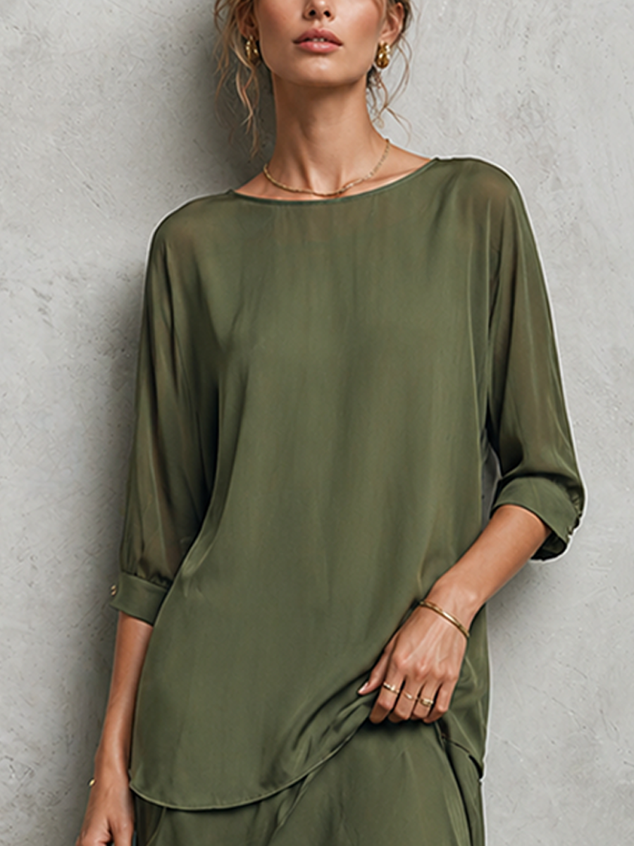 Women’s Elegant Olive Green Chiffon Two-Piece Set – Crew Neck Elbow Sleeve Top & Asymmetric Maxi Skirt Set