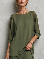 Women’s Elegant Olive Green Chiffon Two-Piece Set – Crew Neck Elbow Sleeve Top & Asymmetric Maxi Skirt Set
