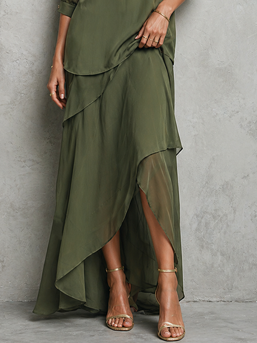 Women’s Elegant Olive Green Chiffon Two-Piece Set – Crew Neck Elbow Sleeve Top & Asymmetric Maxi Skirt Set