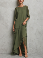 Women’s Olive Green Chiffon 2-Piece Set – Crew Neck Top & Asymmetric Maxi Skirt Elegant Outfit