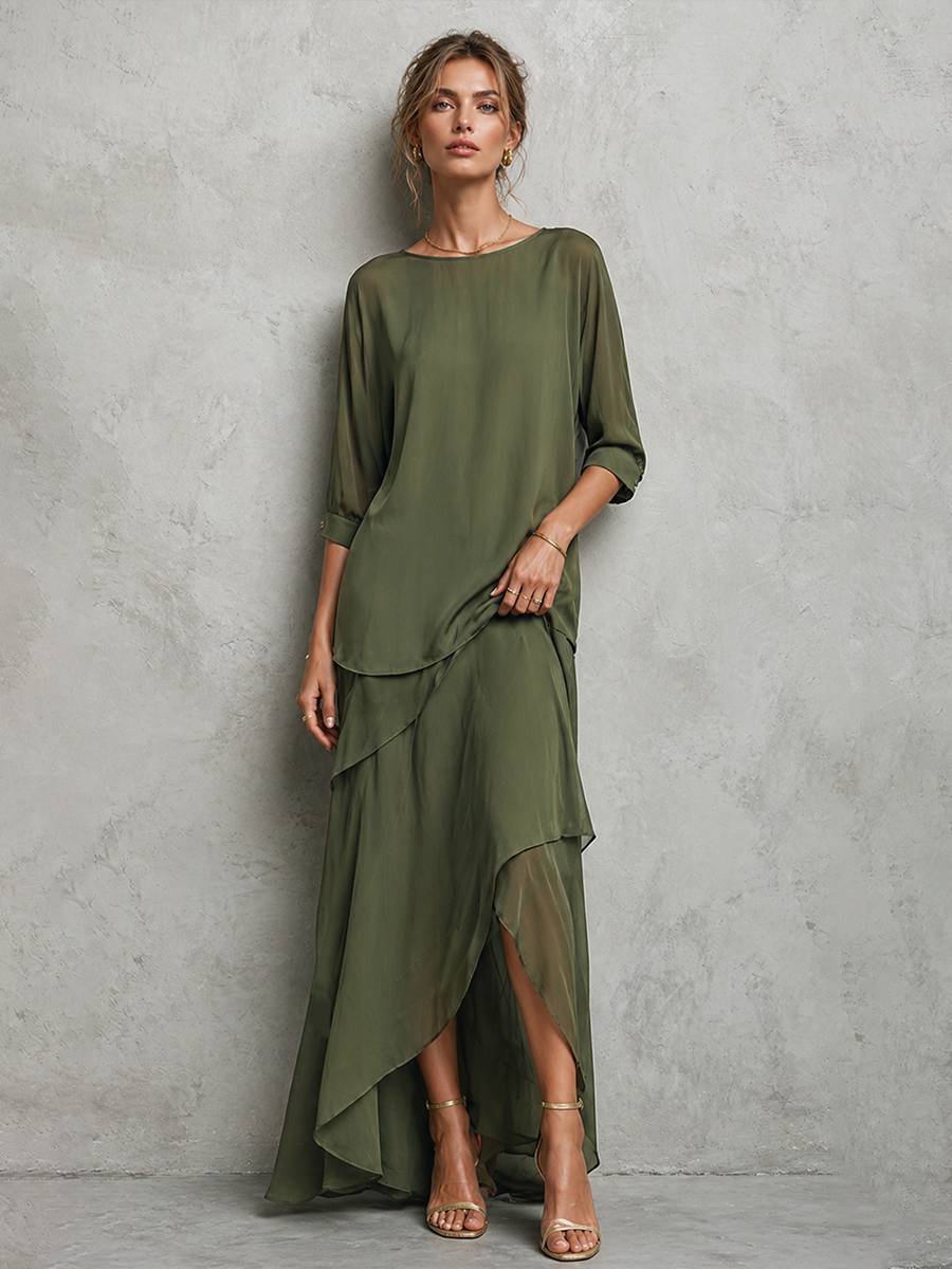 Women’s Olive Green Chiffon 2-Piece Set – Crew Neck Top & Asymmetric Maxi Skirt Elegant Outfit