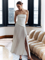 Women’s Elegant Pleated Sleeveless Maxi Dress – Side Split Slim Fit Occasion Dress