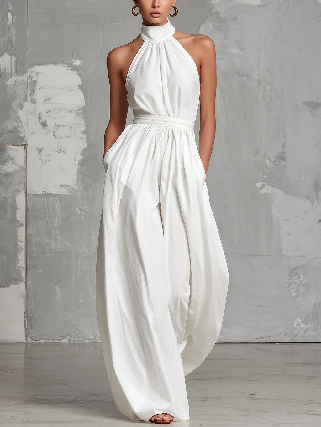 Women’s White Halter Neck Jumpsuit – Minimalist Woven Full-Length Elegant One-Piece Outfit