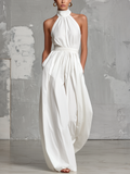 Women’s White Halter Neck Jumpsuit – Minimalist Woven Full-Length Elegant One-Piece Outfit