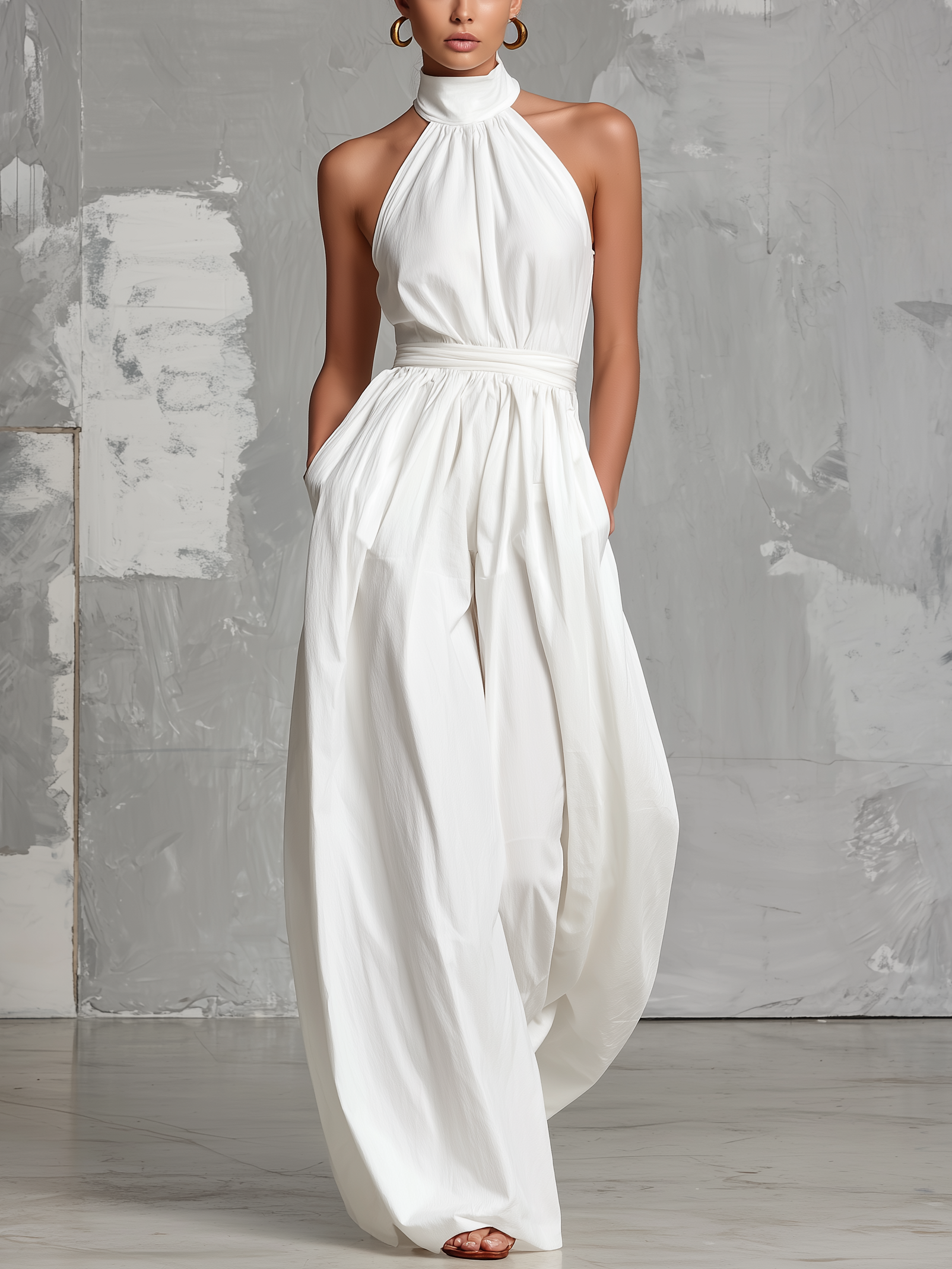 Women’s White Halter Neck Jumpsuit – Minimalist Woven Full-Length Elegant One-Piece Outfit