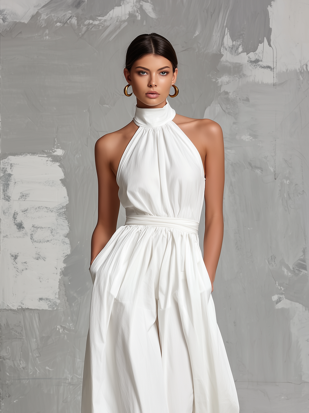 Women’s White Halter Neck Jumpsuit – Minimalist Woven Full-Length Elegant One-Piece Outfit