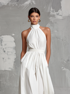 Women’s White Halter Neck Jumpsuit – Minimalist Woven Full-Length Elegant One-Piece Outfit