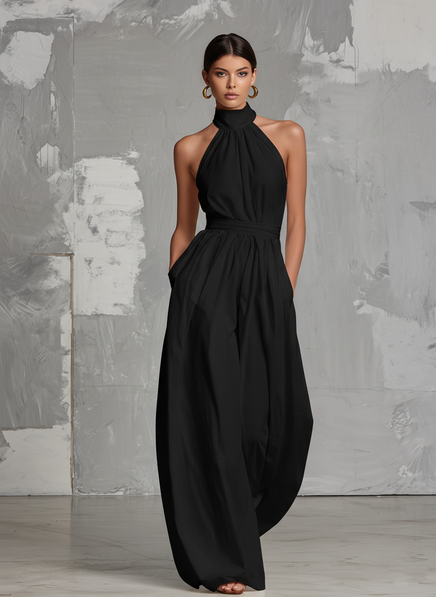 Women’s White Halter Neck Jumpsuit – Minimalist Woven Full-Length Elegant One-Piece Outfit