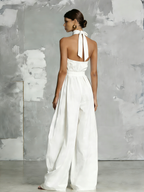 Women’s White Halter Neck Jumpsuit – Minimalist Woven Full-Length Elegant One-Piece Outfit
