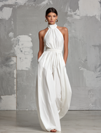 Women’s White Halter Neck Jumpsuit – Minimalist Woven Full-Length Elegant One-Piece Outfit