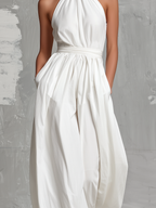 Women’s White Halter Neck Jumpsuit – Minimalist Woven Full-Length Elegant One-Piece Outfit