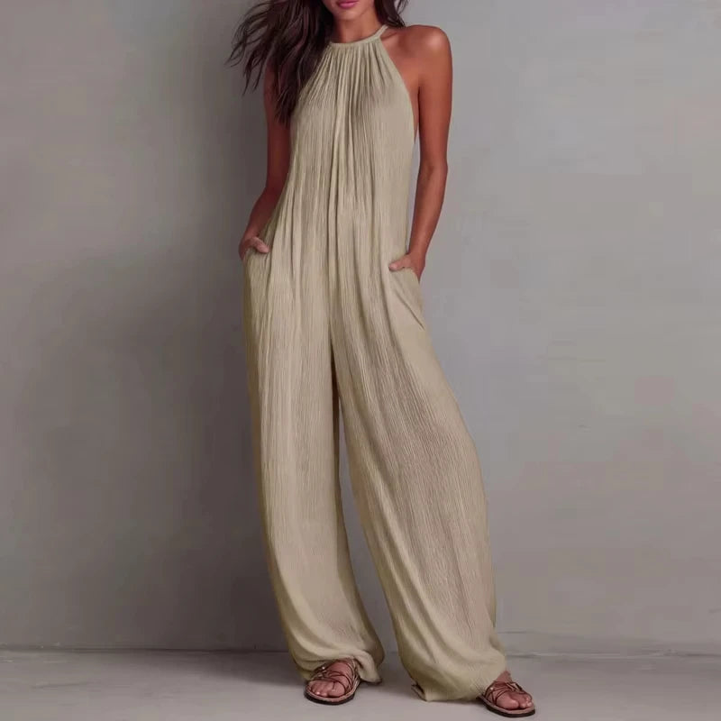 Women’s Halter Sleeveless Wide Leg Jumpsuit – Textured Beach Vacation Romper with Pockets