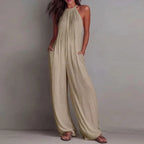 Women’s Halter Sleeveless Wide Leg Jumpsuit – Textured Beach Vacation Romper with Pockets