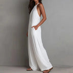 Women’s Halter Sleeveless Wide Leg Jumpsuit – Textured Beach Vacation Romper with Pockets