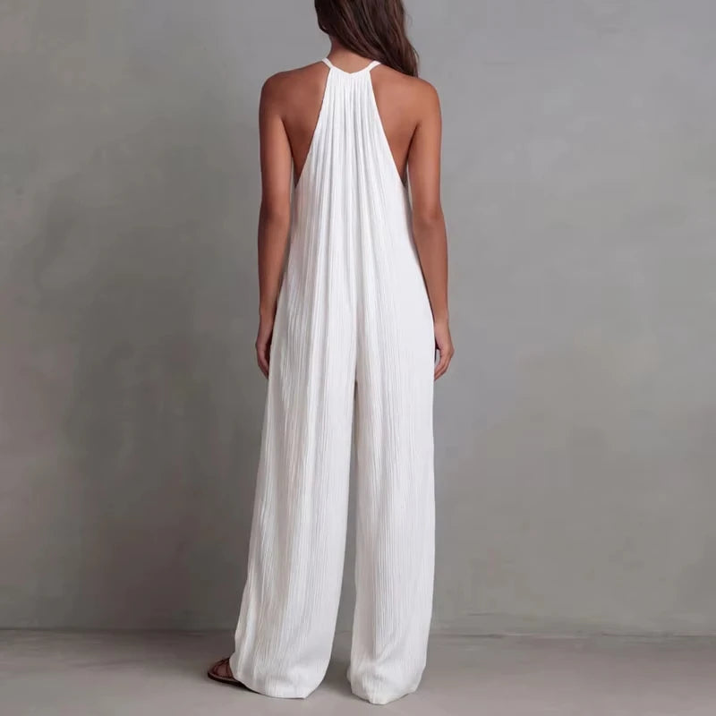 Women’s Halter Sleeveless Wide Leg Jumpsuit – Textured Beach Vacation Romper with Pockets