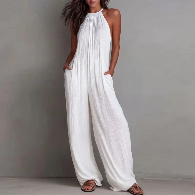 Women’s Halter Sleeveless Wide Leg Jumpsuit – Textured Beach Vacation Romper with Pockets