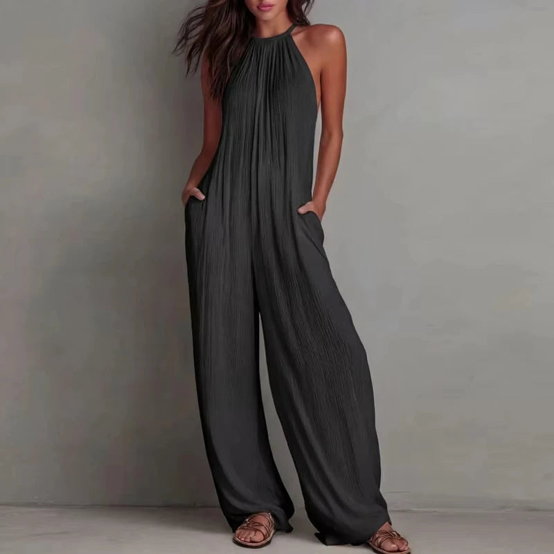 Women’s Halter Sleeveless Wide Leg Jumpsuit – Textured Beach Vacation Romper with Pockets