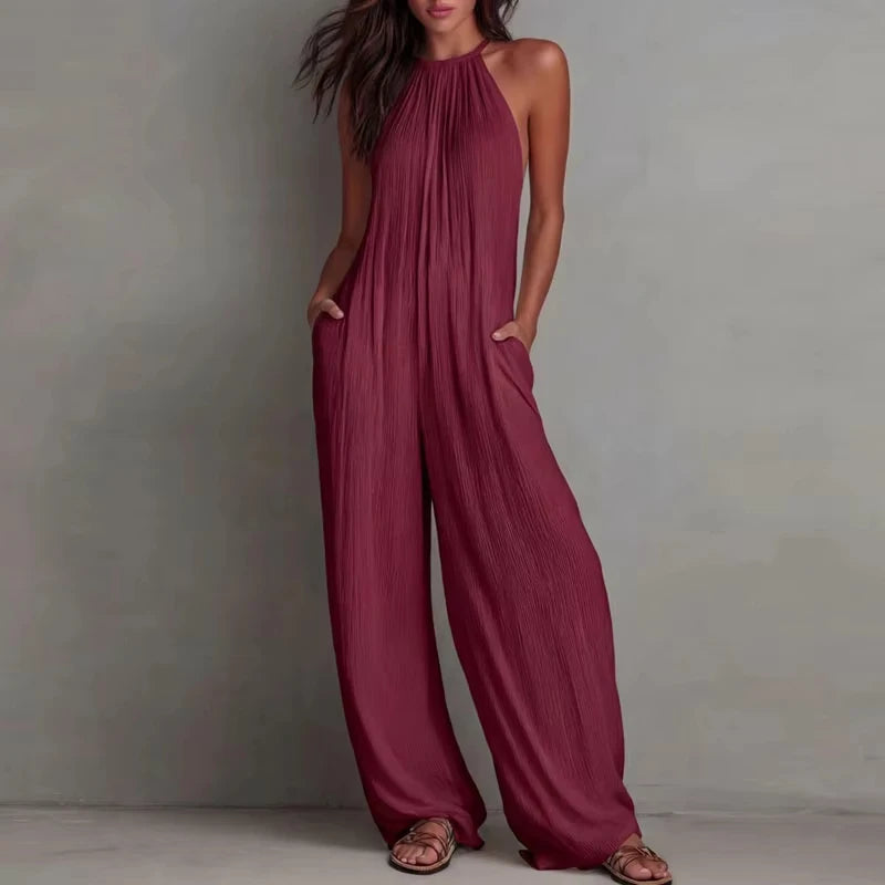Women’s Halter Sleeveless Wide Leg Jumpsuit – Textured Beach Vacation Romper with Pockets