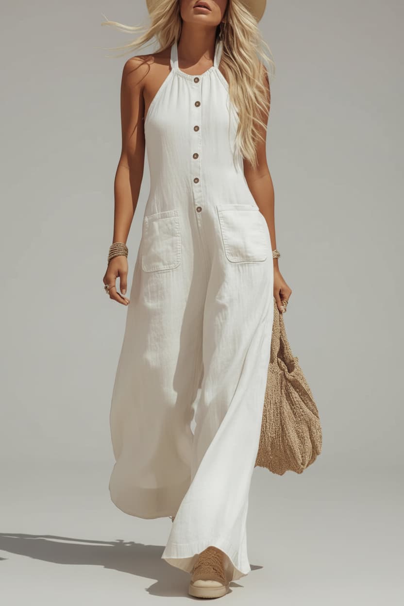 Women’s White Halter Wide-Leg Jumpsuit – Button Front Linen-Look Summer Vacation Outfit