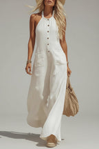 Women’s White Halter Wide-Leg Jumpsuit – Button Front Linen-Look Summer Vacation Outfit