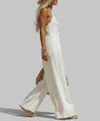 Women’s White Halter Wide-Leg Jumpsuit – Button Front Linen-Look Summer Vacation Outfit