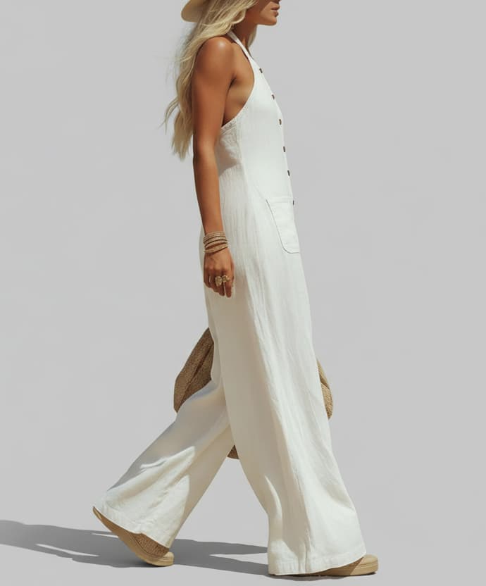 Women’s White Halter Wide-Leg Jumpsuit – Button Front Linen-Look Summer Vacation Outfit