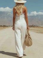Women’s White Halter Wide-Leg Jumpsuit – Button Front Linen-Look Summer Vacation Outfit