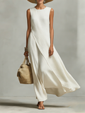 Women’s Ivory Linen Sleeveless Asymmetric Hem Maxi Dress – Elegant Minimalist Resort Casual Summer Dress