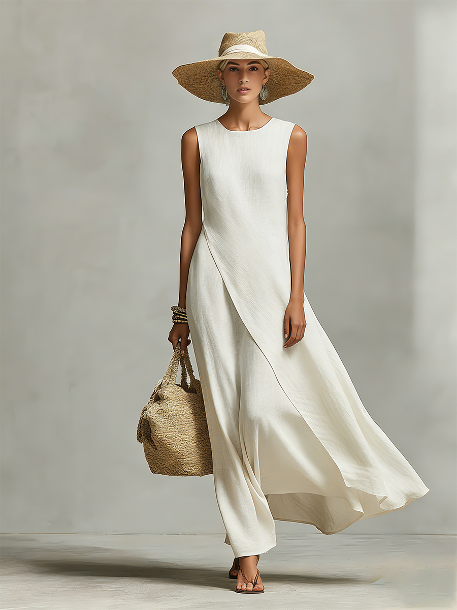 Women’s Ivory Linen Sleeveless Asymmetric Hem Maxi Dress – Elegant Minimalist Resort Casual Summer Dress
